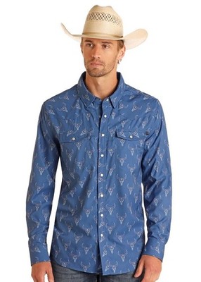 Rock & Roll Denim Men's Long Sleeve Tek Longhorn Print Snap Shirt Periwinkle