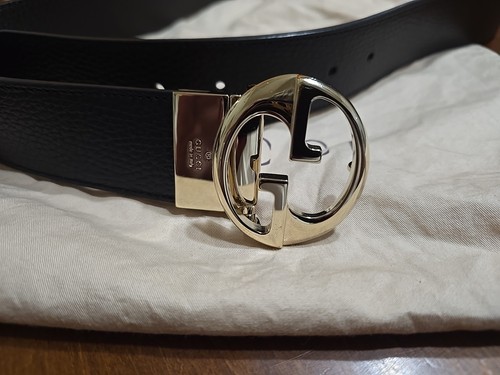 Authentic Gucci Black Leather Silver Interlocking G Buckle Belt Size 85/34