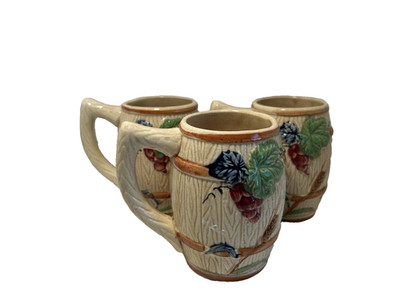 Old 1950's Hand Painted Grape Wheat Barrel Stave Vintage Japan Ceramic Beer Mug