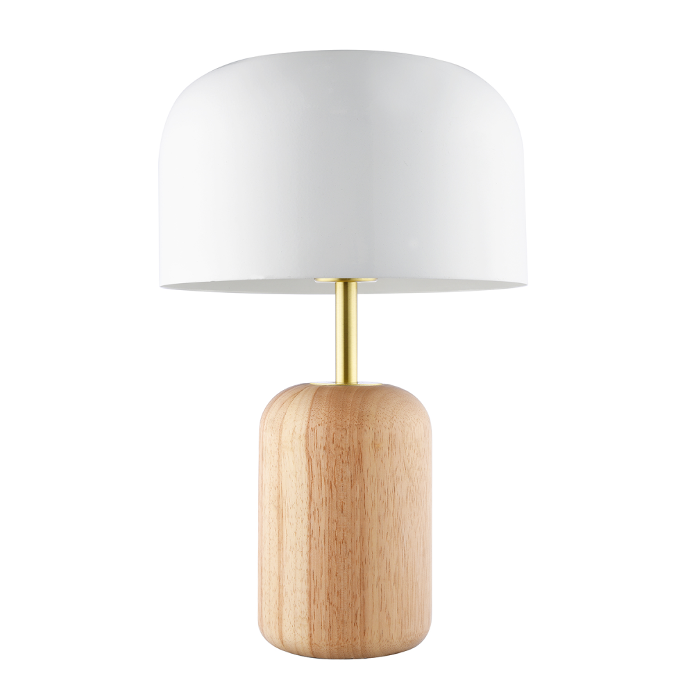 Modern Designer Wooden Table Lamp with White Gloss Domed Metal Shade by Happy...