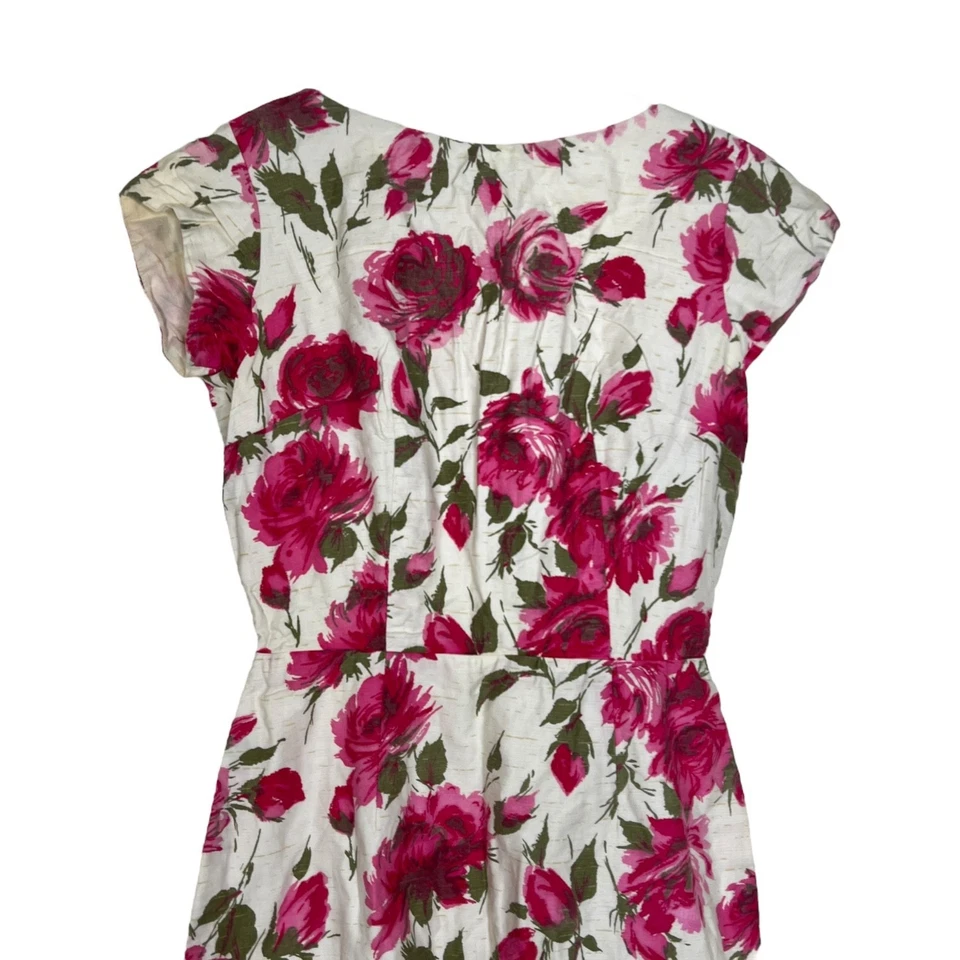 Vestido Vintage Años 60 Rosa Floral Moveble Manga Gorra Forrado Cremallera Trasera Rosa Verde XS Foto 3 de 4