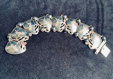 Vintage Siam Sterling Silver Niello Bracelet Thai Goddess Dancers Panel 7”;  22g