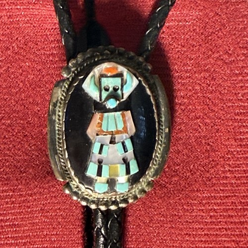 ZUNI Inlay Kachina BOLO Tie SIGNED Bev Etsate Sterling Turquoise Coral Leather