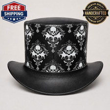 Genuine Leather Skull Top Hat Gothic Steampunk Halloween Costume Black White