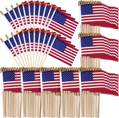 200 Pieces Small American Flags on Stick 5'' X 8'' USA Flag Bulk Mini Handheld Sti