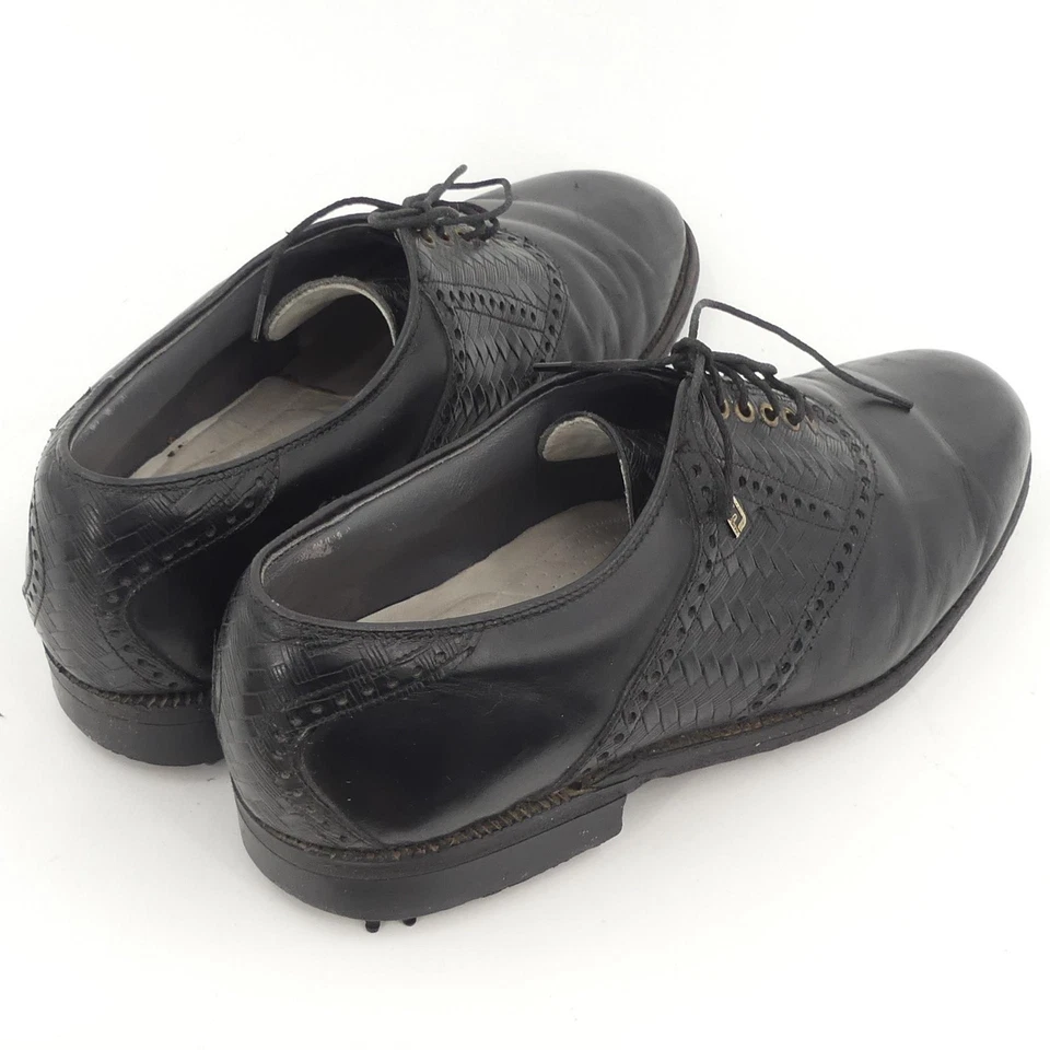 Vintage FootJoy Classics Dry Golf Shoes Mens 11 D Black Leather Woven USA Spikes - Image 3 of 4