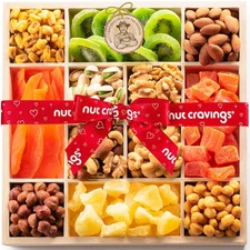 Dried Fruit&Mixed Nuts Gift Basket in Reusable Wooden Tray Ribbon 12 Assortments