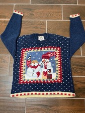 Tiara International Vintage Navy Blue Snowman Christmas Sweater Adult Size M