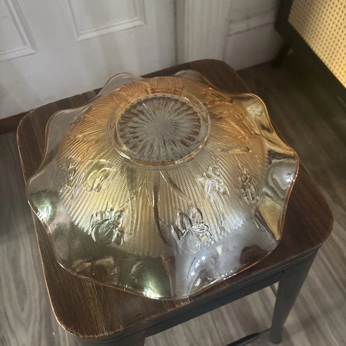 BEAUTIFUL LARGE VINTAGE IRIS AND HERRINGBONE MARIGOLD BOWL JEANNETTE GLASS 11"