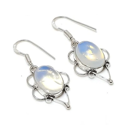 Boucles d'oreilles pierre précieuse forme ovale opale laiteuse fait main... - Photo 1/4
