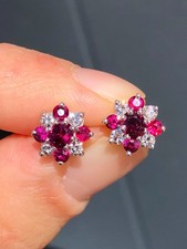 Beautiful Vintage Natural 1.4ct Ruby & Diamond Daisy Cluster Earrings 9ct Gold