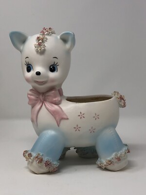 Vtg 1962 Samson Importco 5265A Ceramic Animal Lamb + Bow Planter Spaghetti Trim
