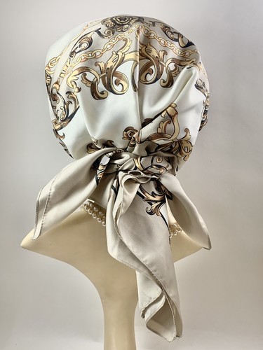 Vintage 1960s Polyester Scarf Beige Gold White Chain & Scroll Pattern 35 Inches - Picture 10 of 19