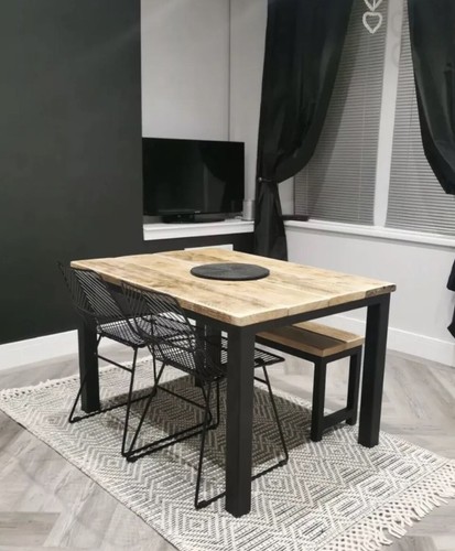 Industrial Dining Set Table & 2 Benches 160cm Steel And Reclaimed Wood 8 Seater - Picture 9 of 12