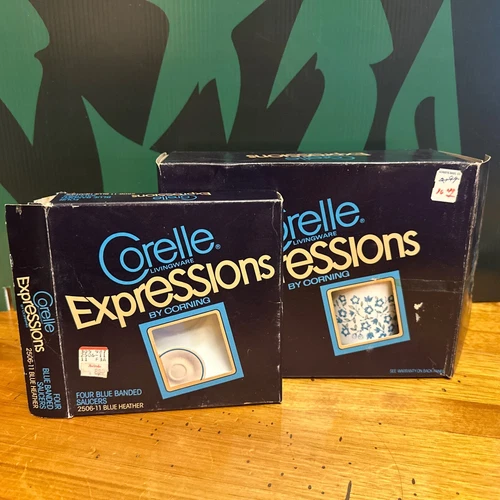 Vintage Corelle 4pc Set Blue Heather Coffee/Cups AND 4 Blue Banded Saucers. NIB