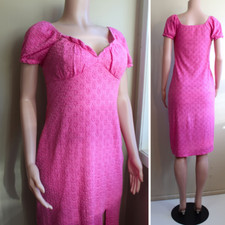 Retro Pin Up Pink Knit Slip Dress 12 L Peasant Cap Sleeve Bodycon Y2K Floral
