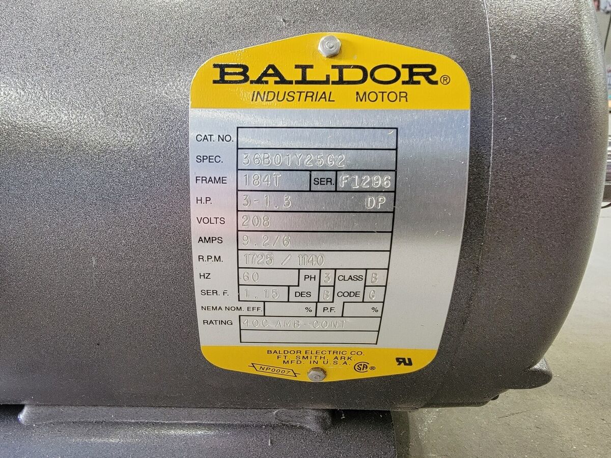 Baldor 3 hp, 208 volts, 1725 rpm, 184T Electric Motor Baldor 3 hp, 208 volts, 1725 rpm, 184T Electric Motor