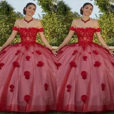 Quinceanera Dresses Off Shoulder Lace 3D Flowers Red Prom Ball Gowns Sweet 15 16