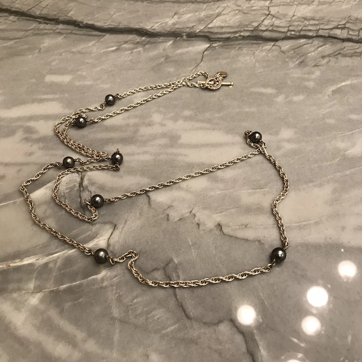 Philippe Audibert Silver Tone Necklace w/Dark Gray Faux Pearls 22” Vtg Paris