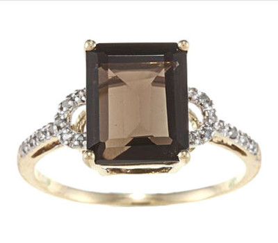 10k Gelbgold massiv Gold Smaragdschliff Rauchquarz und Diamant Ring (1/8 TDW)