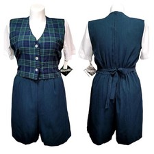 Miss Dorby Vintage Plaid Vest Layered Romper Navy Green Tartan Size 14 Deadstock