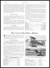 1928 Crown Motor Carriage Co. Los Angeles B-3 Biplane Photos And Specs Print Ad
