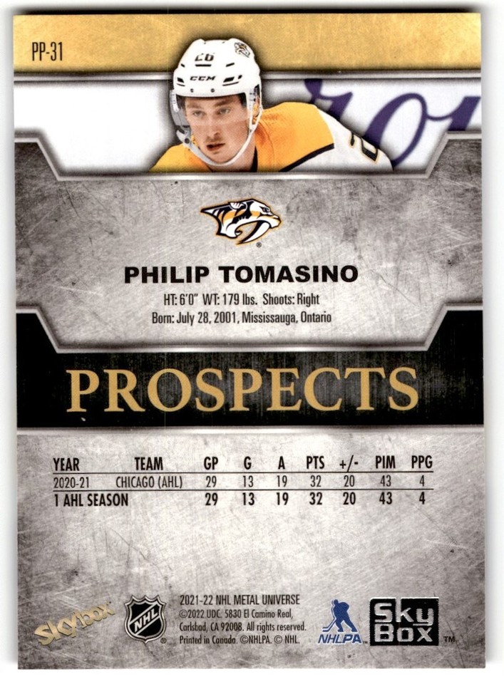2021-22 Skybox Metal Universe Premium Prospects Philip Tomasino Rookie ...
