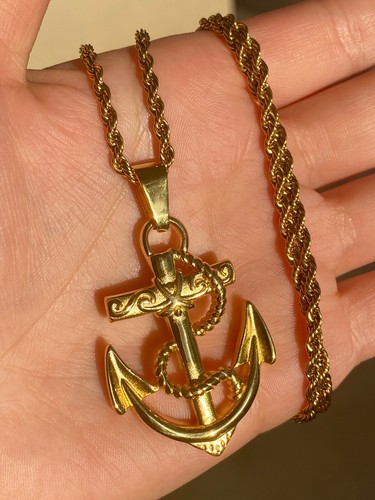Sailing Anchor Sailor Men's Women 14k Gold Finish Icy Pendant Charm Rope Chain - 第 2/4 張圖片