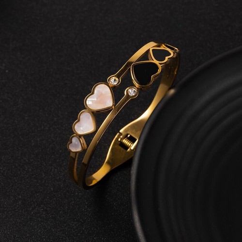 Woman 18K Gold Plated Mother of Pearl Heart CZ Cuff Bracelet Bangle - Picture 3 of 5