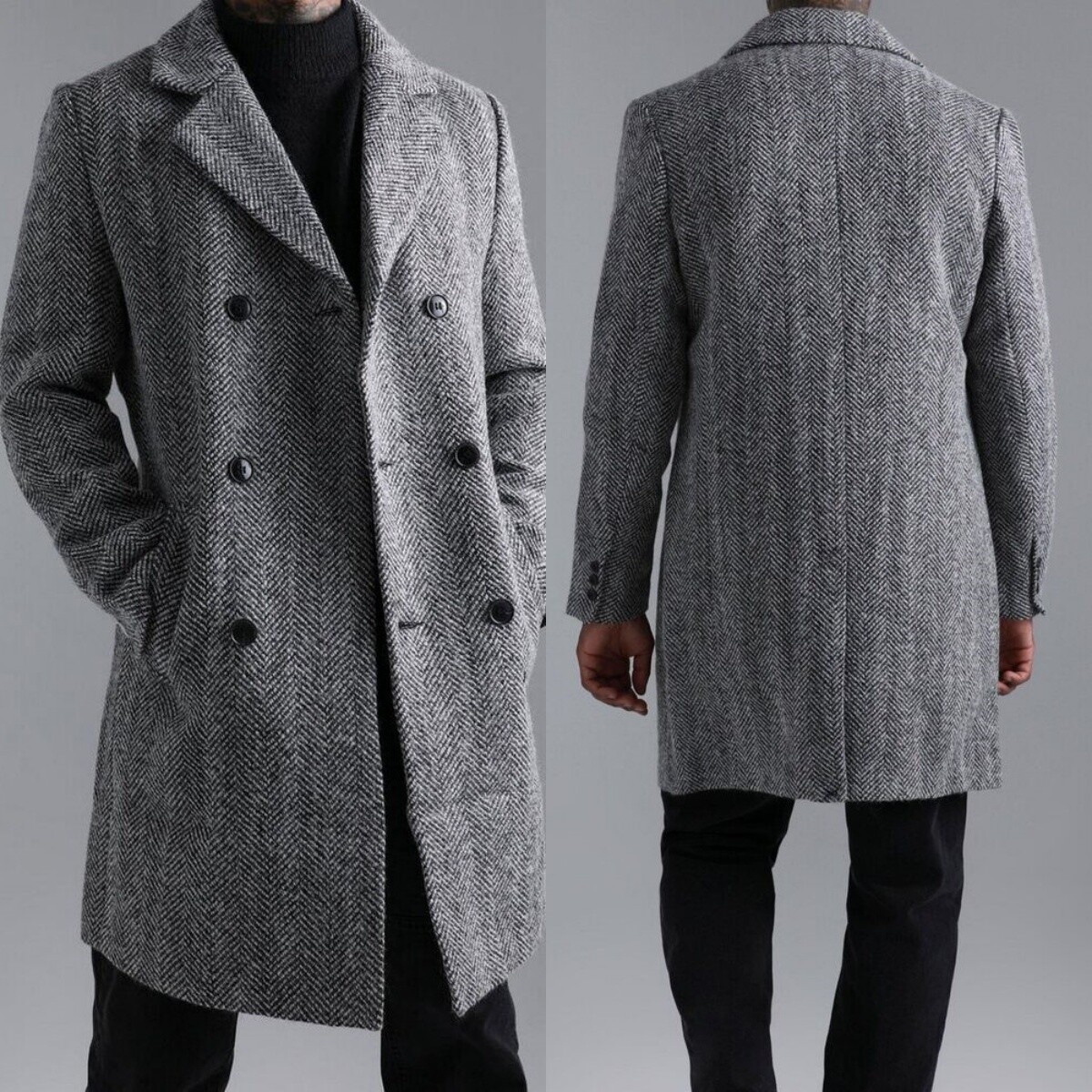 Notch Lapel Wool Blend Gray Herringbone Coat Men's Long Overcoat