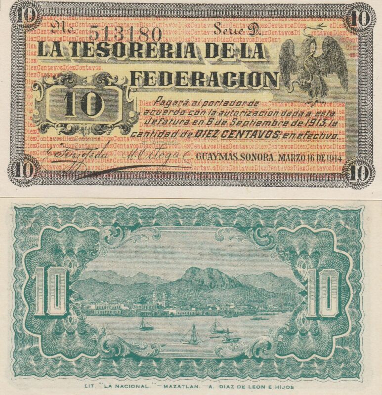 Mexico: 10 Cts La Tesoreria de la Federacion Guaymas Sonora Mar 16, 1914 UNC. Mexico: 10 Cts La Tesoreria de la Federacion Guaymas Sonora Mar 16, 1914 UNC.