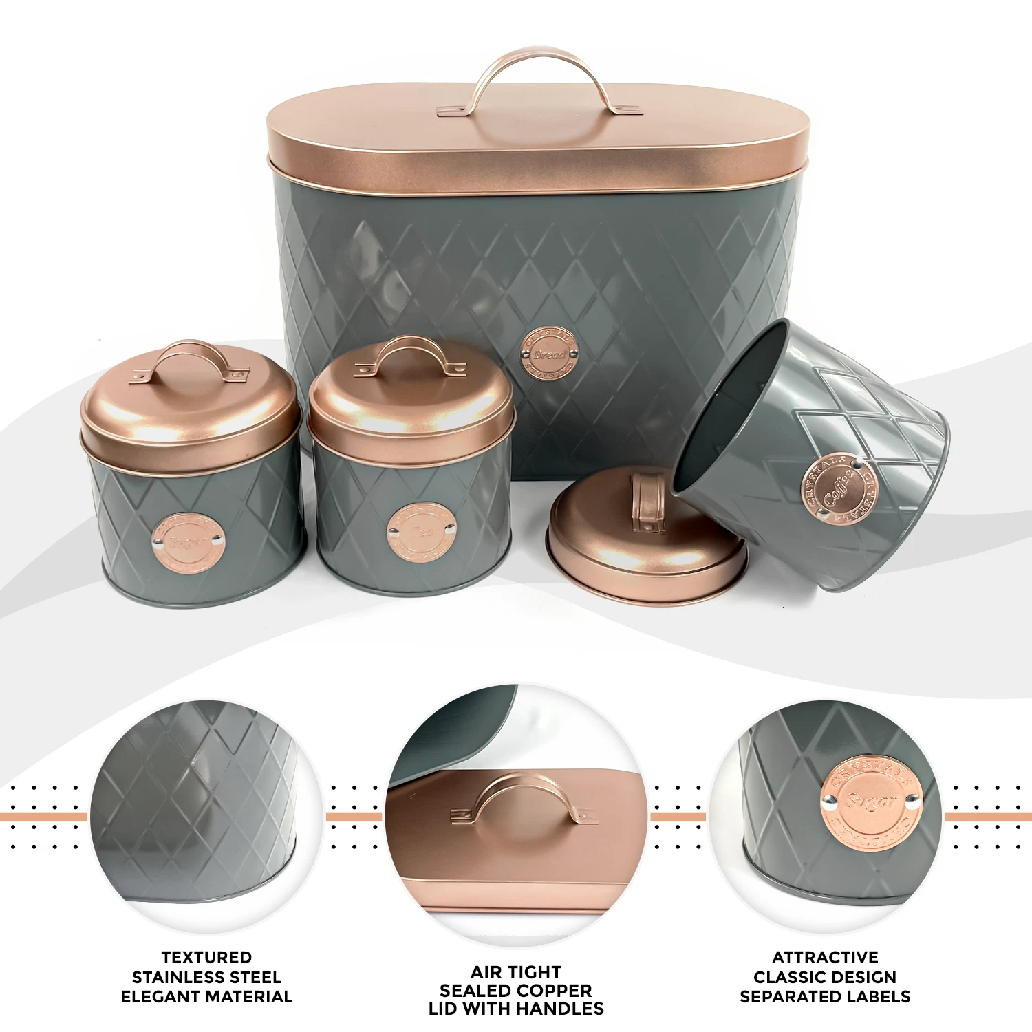 4pcs Modern Textured Design Sealed Lids Bread Bin Kitchen Tea Coffee Sugar Set
Opens in a new window