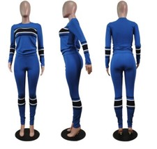 Women Long Sleeve O-Neck Top Pants Splicing 2PC Set Sporting Tracksuit Casual J