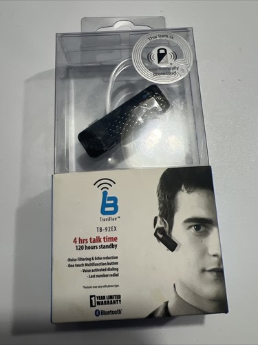 True Blue Bluetooth Headset TB-92EX Unused New In Package 4 Hour Talk Time - Picture 1 of 4