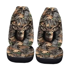  Print Universal 2pc Front Seat Covers for Car Bucket Forest Camo Hunting Elk