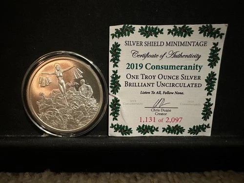 2019 SILVER SHIELD 1 OZ .999 SILVER UNCIRCULATED CONSUMERANITY W/COA PR/UNC