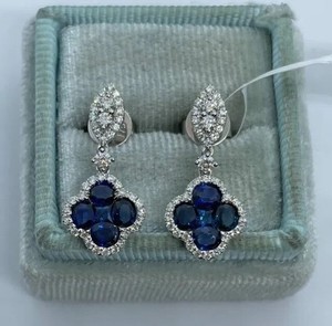Authentic 2.20Ct Round Lab-Created Sapphire Clover Dangling Earrings 14K White Gold Plated