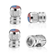 4 Pack American Flag Valve Stem Caps, Aluminum Tire Air Caps, with Mini Silver