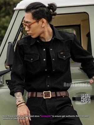 Red Tornado Retro 14OZ Heavyweight Black Denim Shirt Long Sleeve Western Shirt