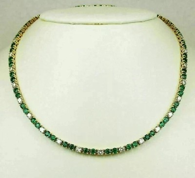 Damen-Tennishalskette 9 kt Rundschliff Lab Created Smaragd 14 K Gelbgold-Finish