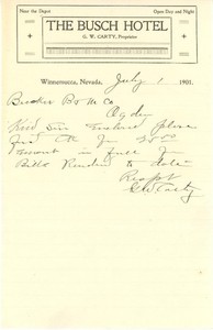 Busch Hotel - Winnemucca, Nevada - 1901 Letter - Becker Brewing, Ogden, Utah