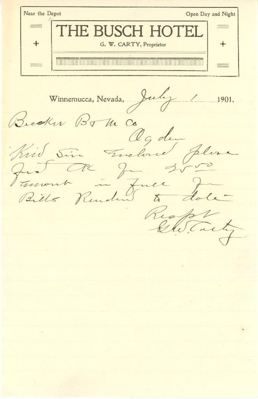 Busch Hotel - Winnemucca, Nevada - 1901 Letter - Becker Brewing, Ogden, Utah