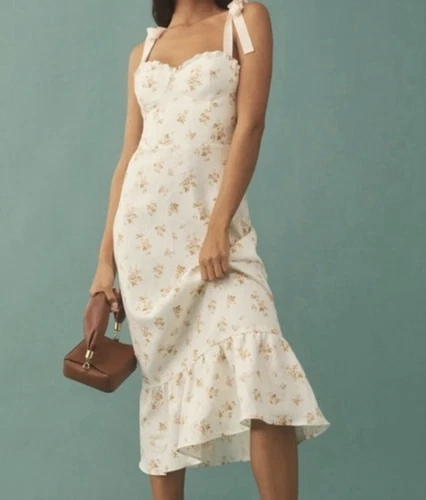 Reformation Vale Linen Dress Mildred White Floral Tie Ribbon Midi Size 2 - Picture 11 of 11