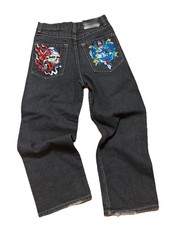Vtg Y2K Fubu Collection Jeans Black Denim Embroidered Pockets Baggy Sz. 14 27x23