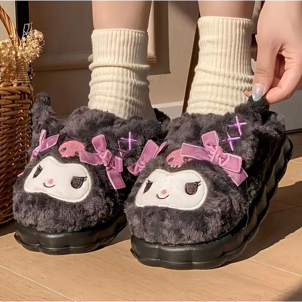Y2k Sanrio Kuromi Women's Plush Slippers 8 Black Cozy Anime Pajamas Soft Trendy - Image 3 of 4