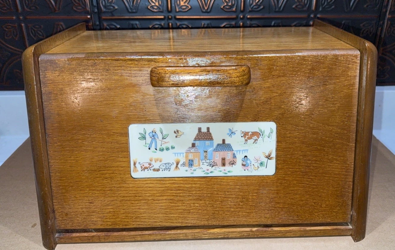 Rare International Heartland Wood Bread Box Folk Art Vintage Country Kitchen