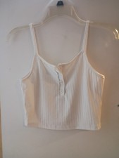 Ribbed Knit White Button-Front Spaghetti Stra...