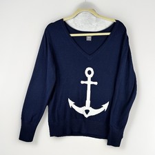Venus Navy Blue Mariner Anchor Knit Sweater Large Cotton Blend Coastal Nautical