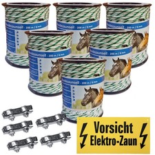 1200 m Weidezaunseil 6 mm 6Niroleiter+3Kupfer+5Verbinder+Warnschild weiss-gruen