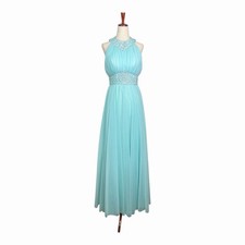 Vintage 60s Mike Benet Sequin Beaded Blue Chiffon Halter Evening Gown Dress XS